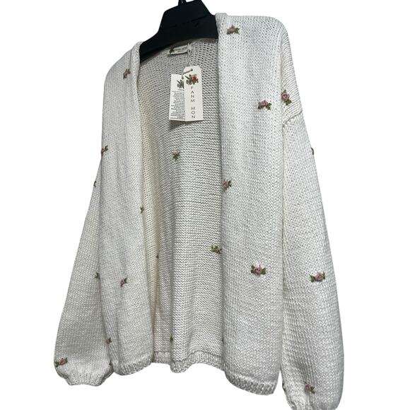 Fanm Mon Hand Knit Pink Rose Cardigan Cotton Sweater | Womens M L NEW - Picture 12 of 13